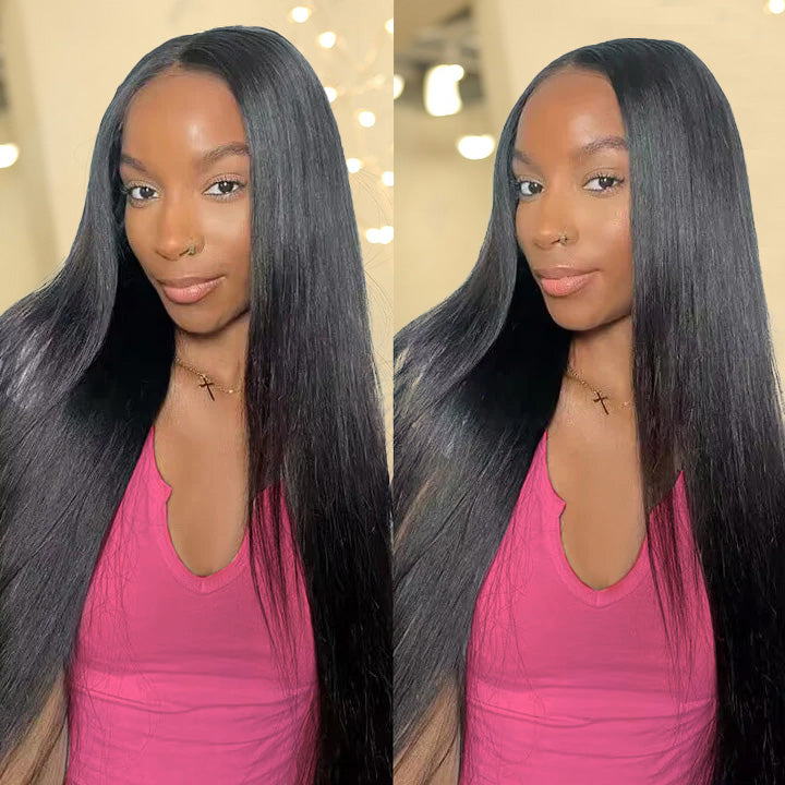 Woman wearing Ishow Hair Silky Straight 5x5 Lace Closure Wig in natural black color, gently touching her long straight human hair, showcasing front view.