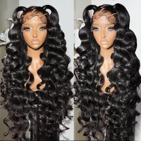 Glueless Loose Deep Wave Wig On Model With Pigtails and Voluminous Curls