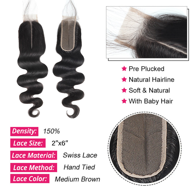 Ishow Body Wave Human Hair 4 Bundles With 2x6 Lace Closure Brazilian Hair Bundles With Closure