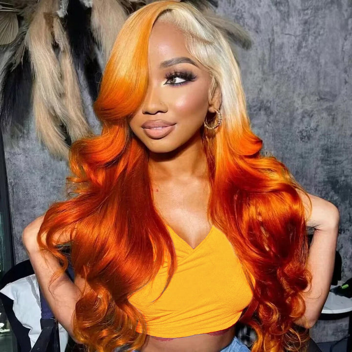 Ginger Blonde Body Wave Wig Styled On a Woman With Orange and Blonde Hair