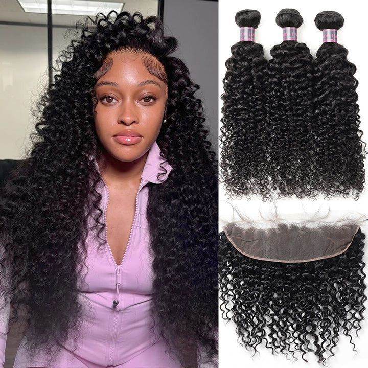 Indian Remy Human Hair Bundles Ishow Curly Wave Hair Weave 3 Bundles With Lace Frontal With Baby Hair Natural Color - IshowVirginHair