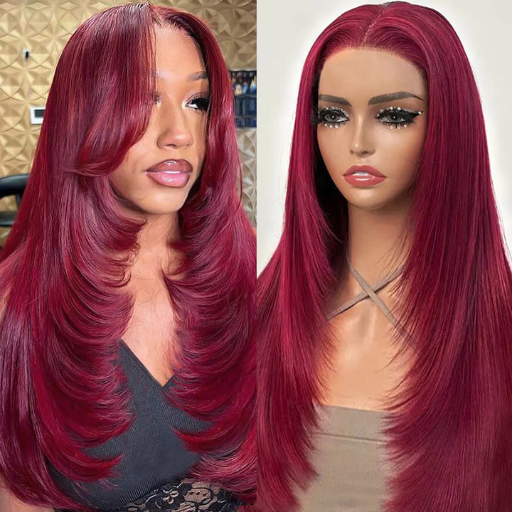 Ishow 99J Burgundy Layered Cut Straight and Body Wave 13x4 Lace Front Wig Pre-Everything Invisible Knots 5x5 Lace Glueless Wig