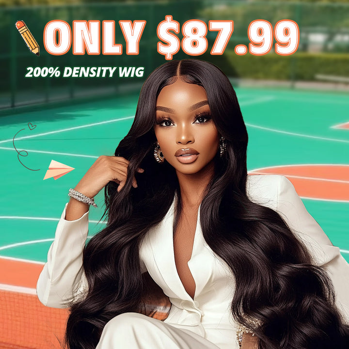 Woman with long black body wave wig by a pool with promotional text overlay,200% density wig only $87.99