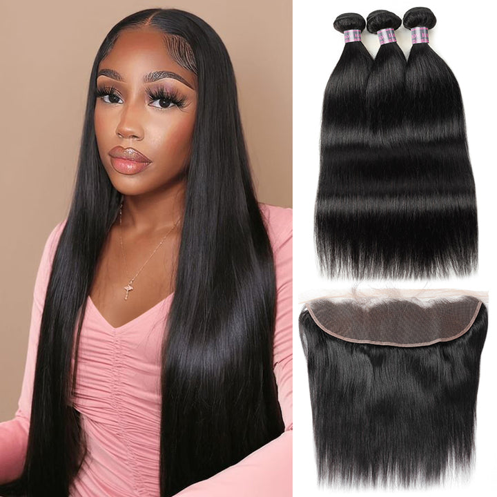 Straight Hair Bundles with Frontal Peruvian Human Hair 3 Bundles with 13x4 Lace Frontal