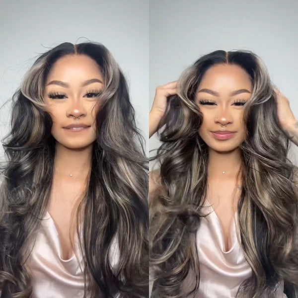 Model Showcasing 30 Inch Body Wave Glueless Wig in 1B/27 Highlighted Color