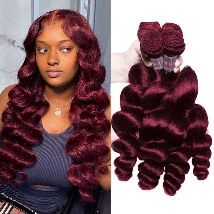 Ishow #99J Human Hair Bundles Loose Wave 4 Bundles Burgundy Colored Hair Weave Extensions