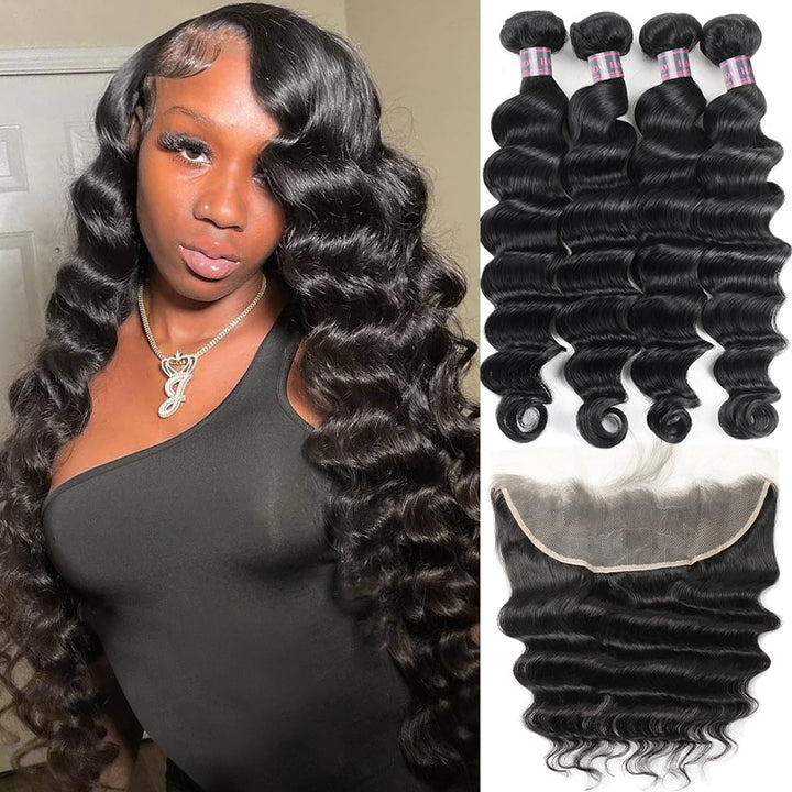 Brazilian Loose Deep Wave Hair Bundles With 13x4 Ear To Ear Lace Frontal Closure - IshowHair