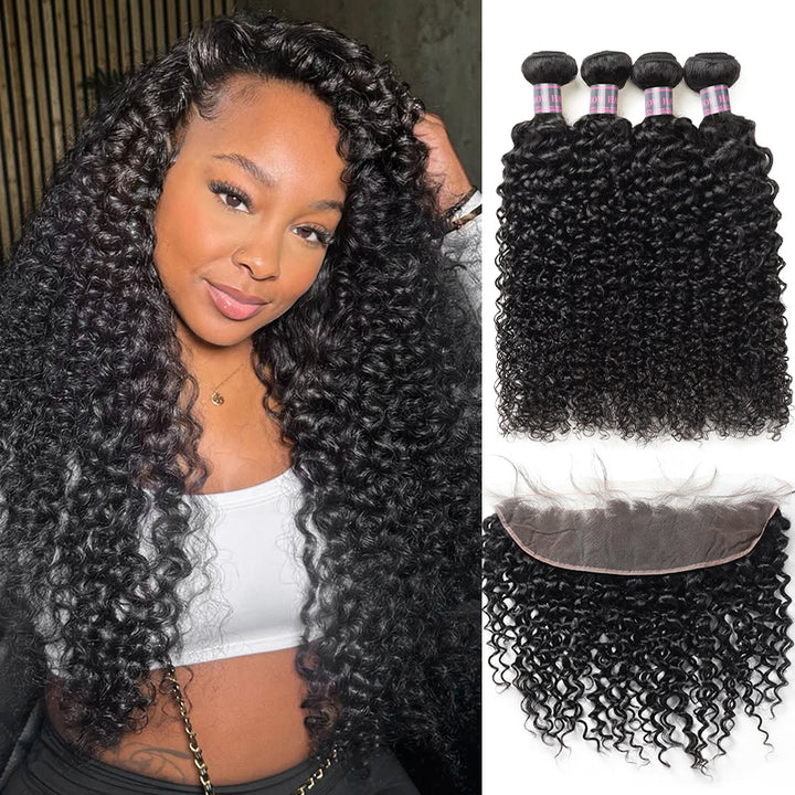 Ishow Brazilian Curly Hair Weave 4 Bundles With 13x4 Lace Frontal Closure