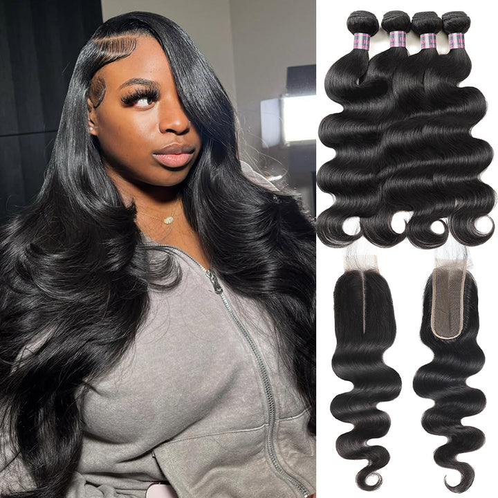 Ishow Body Wave Human Hair 4 Bundles With 2x6 Lace Closure Brazilian Hair Bundles With Closure