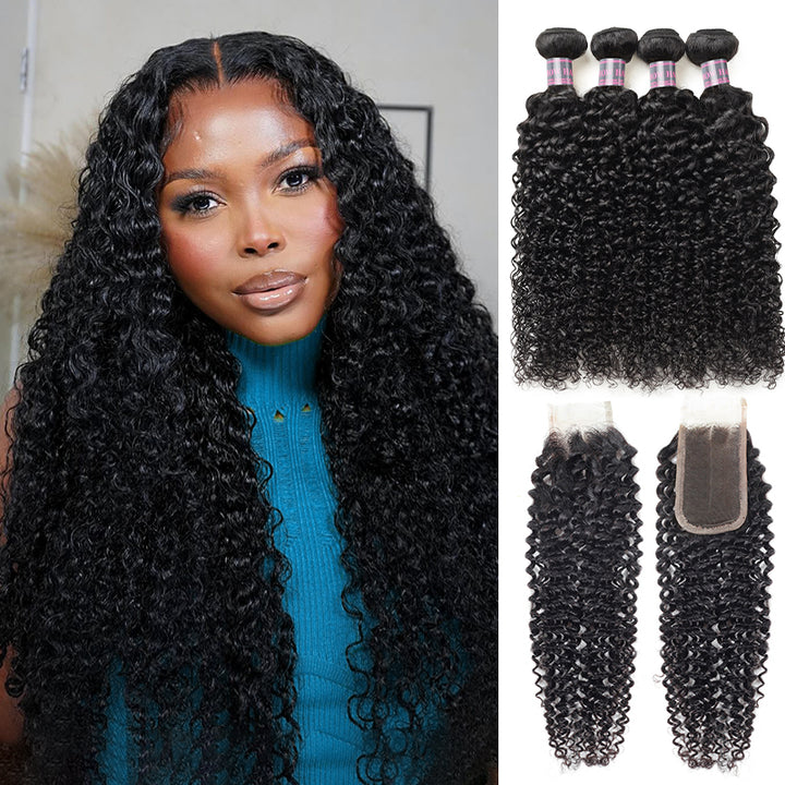 Ishow Curly Hair 4 Bundles With 2x6 Lace Closure Peruvian Human Hair Bundles With Closure