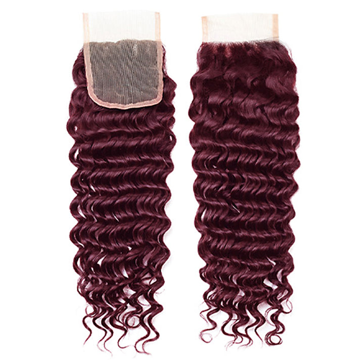 99J Burgundy Deep Wave Bundles With Lace Closure Featuring Vibrant, Defined Curls