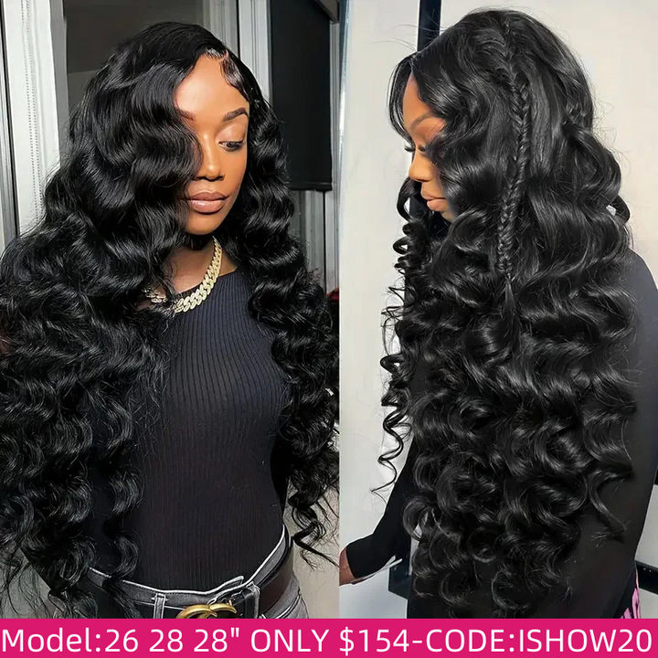 Model With Long Loose Wave Bundles in Natural Black Hair, Priced at $154 With Code Ishow20