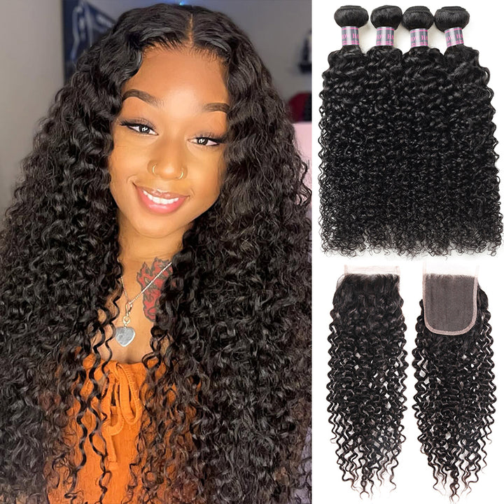 Ishow Hair Brazilian Curly Hair Weave 4 Bundles With 4x4 Lace Closure - IshowHair