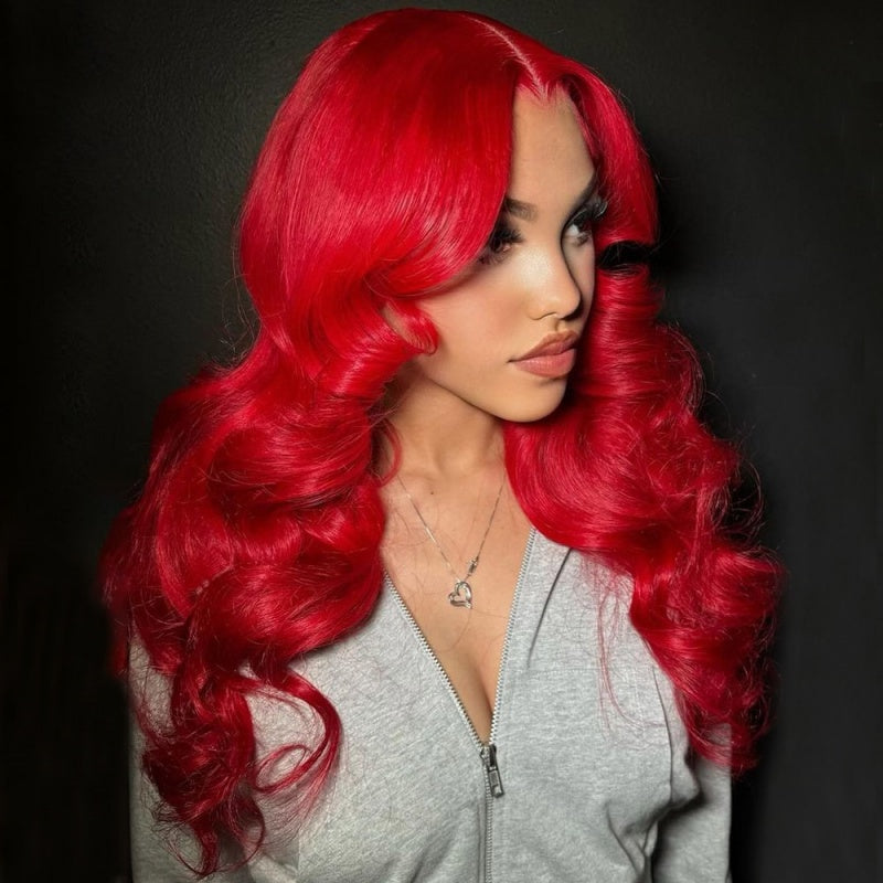 Model With Vibrant Red Body Wave Lace Front Wig Styled Elegantly