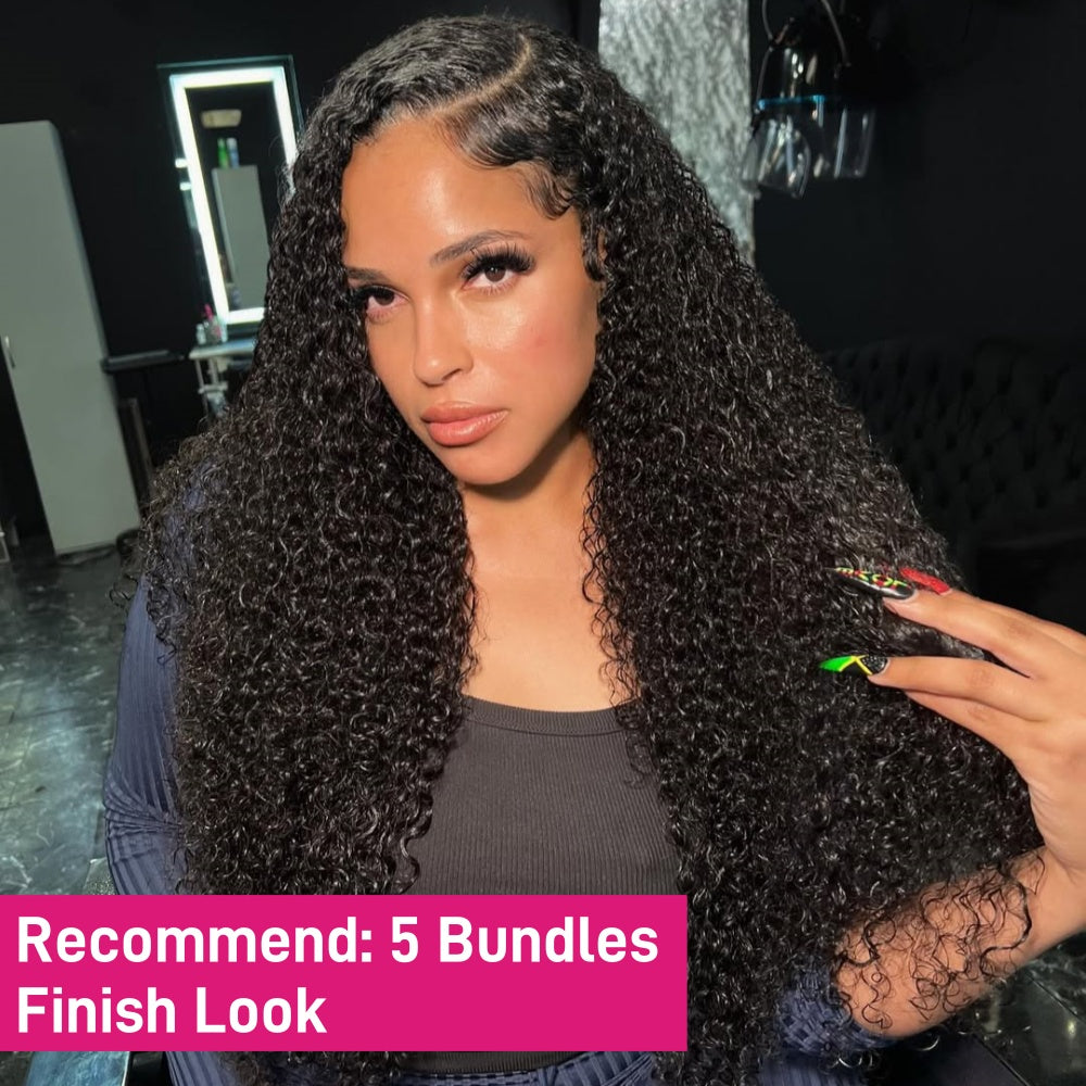 Women With Curly Hair, Against A Neutral Background With Text 'Recommend: 5 Bundles Finish Look'