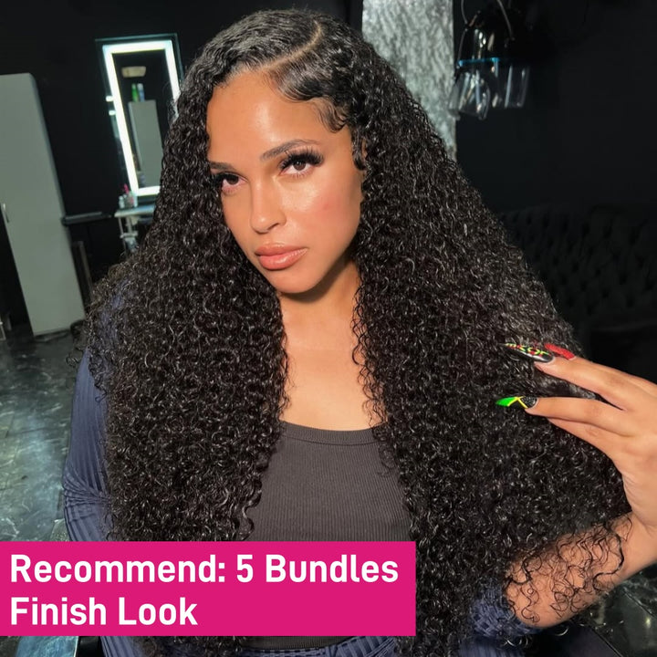 Women With Curly Hair, Against A Neutral Background With Text 'Recommend: 5 Bundles Finish Look'