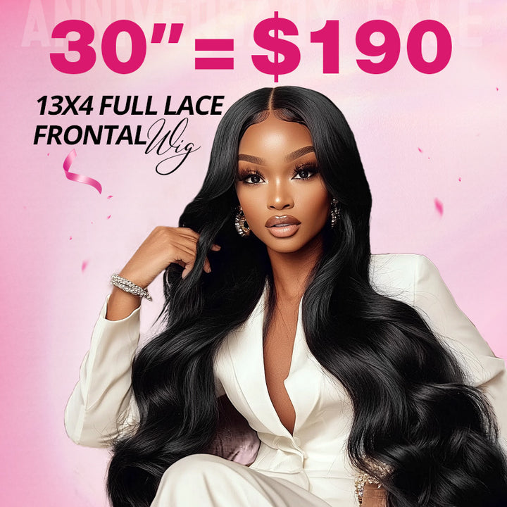 Woman with body wave glueless wig on off-white background with text saying"30“=$190"