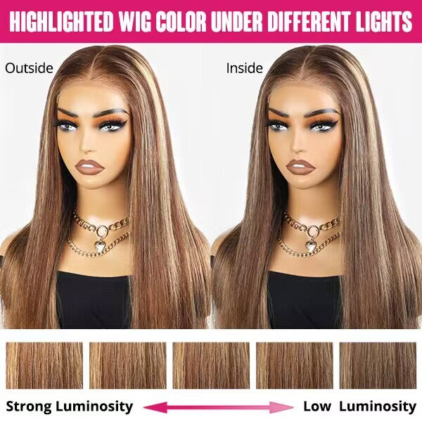 Ishow PPB Invisible Knots Balayage Straight Human Hair Lace Closure Wigs Wear Go Highlighted Honey Blonde P4/27 Pre Cut Wigs