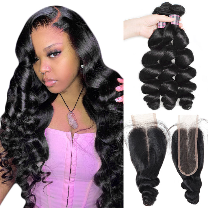 Brazilian Loose Wave Human Hair Weave 3 Bundles with 2x6 Lace Closure