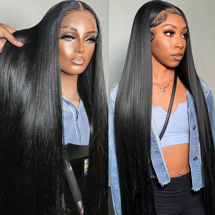 Woman wearing Ishow long straight hair lace wig in natural black color, standing in front of a wooden panel wall with a green plant.