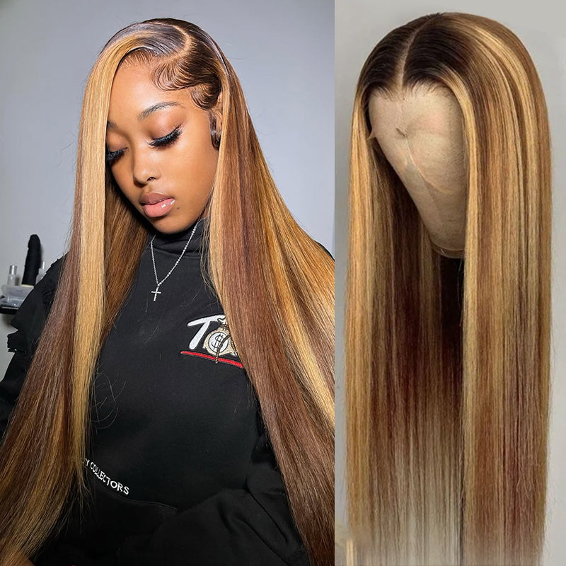 32inch Balayage Highlight Hair 13X4 Frontal Lace Wigs Straight Pre Plucked Human Hair Wigs