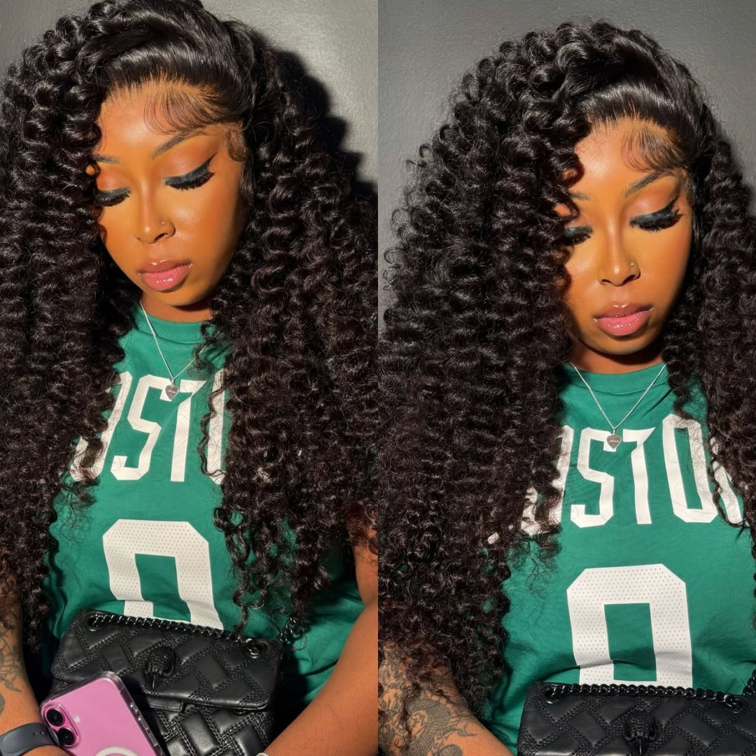 Model In The Green Top Wearing 4x4 Lace Closure Deep Wave Glueless Wig