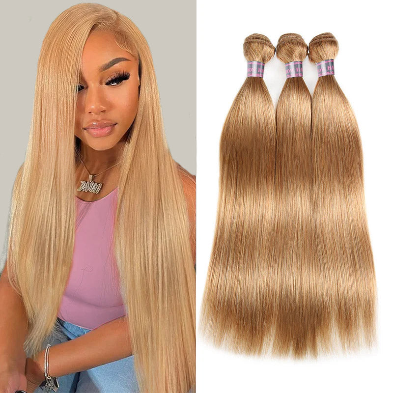 Honey Blonde Straight Hair Model With 3 Bundles of Brazilian Remy Human Hair