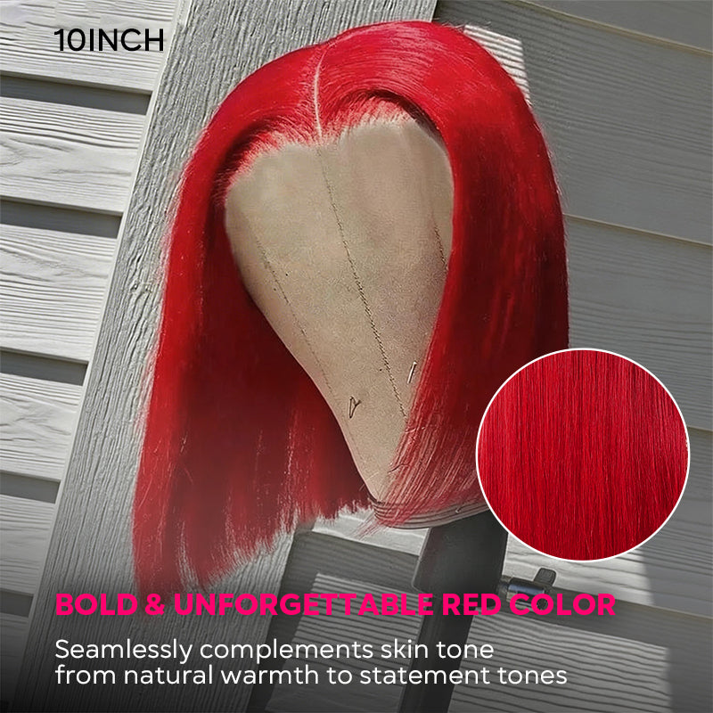 Red bob wig on a mannequin head with close-up of color swatch and text about color and skin tone compatibility.
