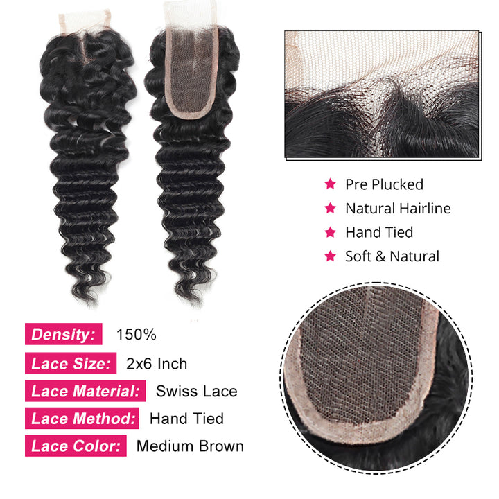 Ishow Deep Wave Human Hair Bundles With Closure Brazilian Hair 3 Bundles With 2x6 Lace Closure