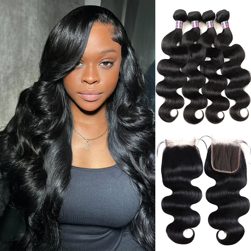 Our Brazilian Human Hair is a luxurious, high-quality option for glamorous body wave styles. Set includes 4 bundles of hair and a lace closure to create an unbeatable look. 100% unprocessed hair with natural roots and tips.