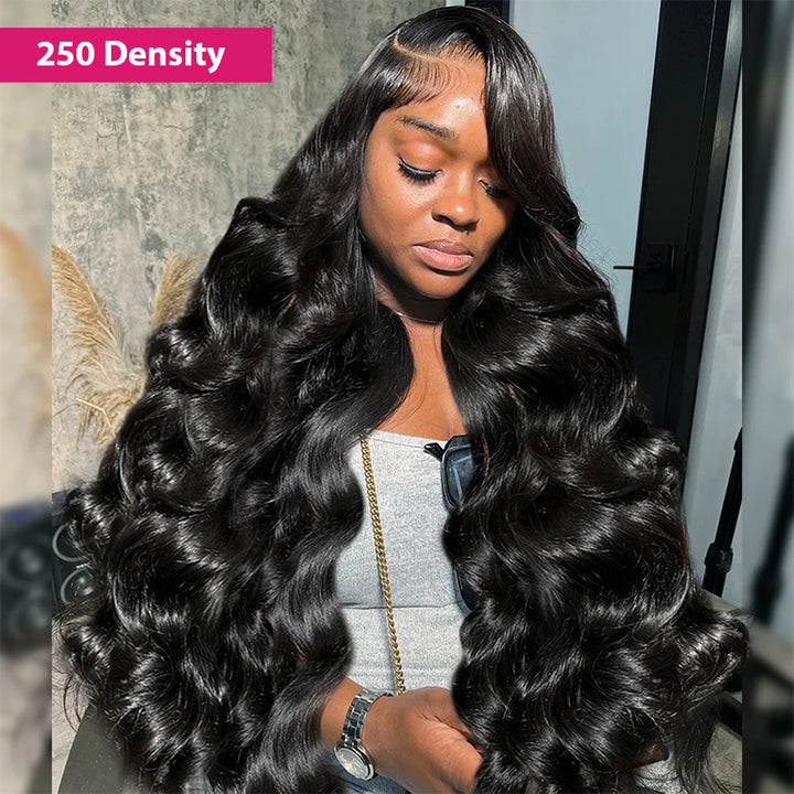 Model Wearing 250% Density 40 Inch Body Wave Wig in Natural Black Color