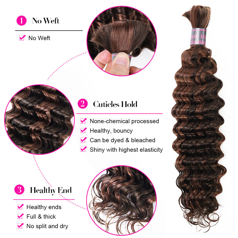 Ishow Bulk Human Hair For Braiding Highlight #4/30 Piano Color Deep Wave Boho Knotless Braids Hair Bundles No Weft