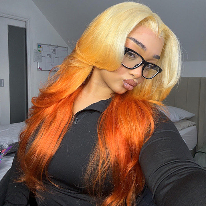 Lace Front Wig in Blonde and Orange Gradient On Woman With Soft Waves