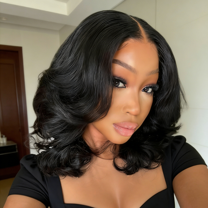Woman with black body wave bob wig in a room setting