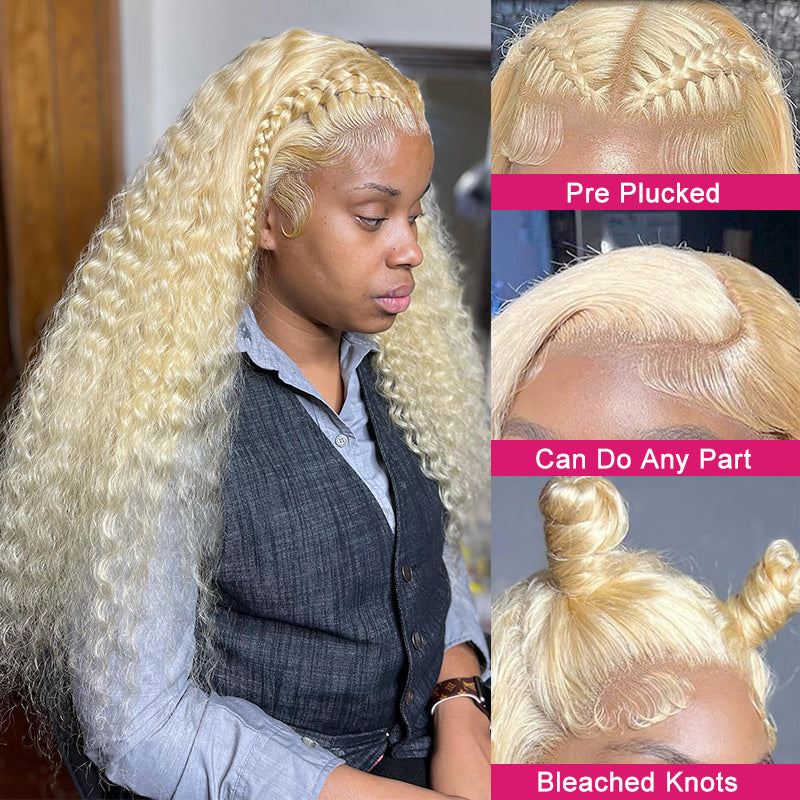 Model With 613 Blonde Deep Wave Wig in Salon, Showing Multiple Angles of Hairstyle