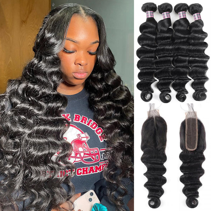 Ishow Loose Deep Wave Bundles With Closure Brazilian Human Hair 4 Bundles With 2x6 Lace Closure