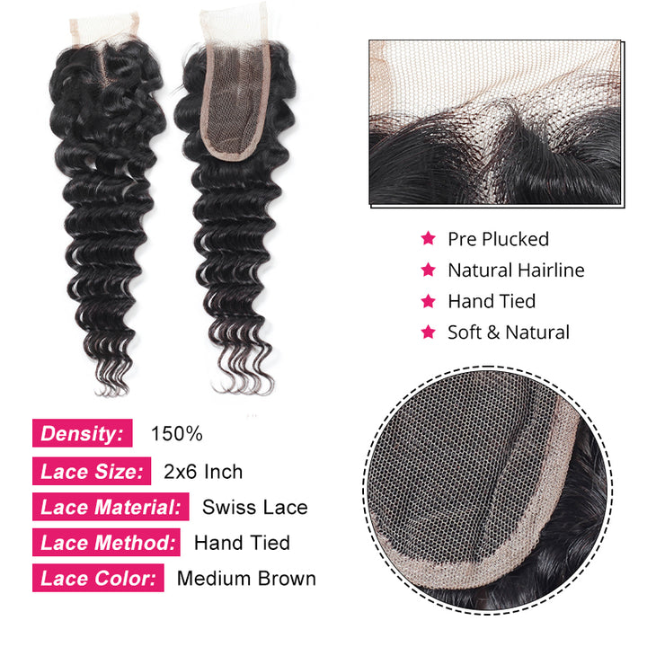 Ishow Deep Wave Human Hair Bundles With Closure Brazilian Hair 3 Bundles With 2x6 Lace Closure