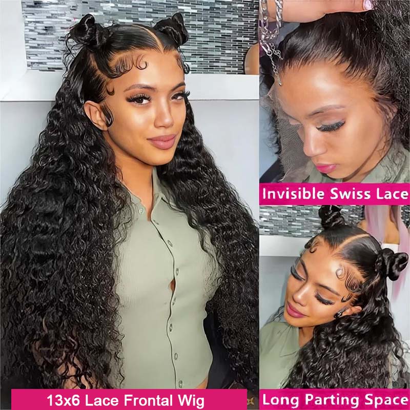 Water Wave Lace Frontal Wig Displayed On Model With Long Curls and Baby Hairs