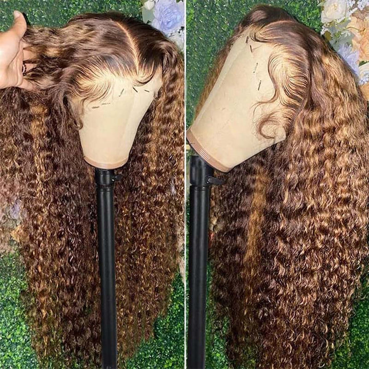 Honey Blonde Highlight Wig Deep Wave Highlight Lace Wig 4x4 Lace Closure Wig