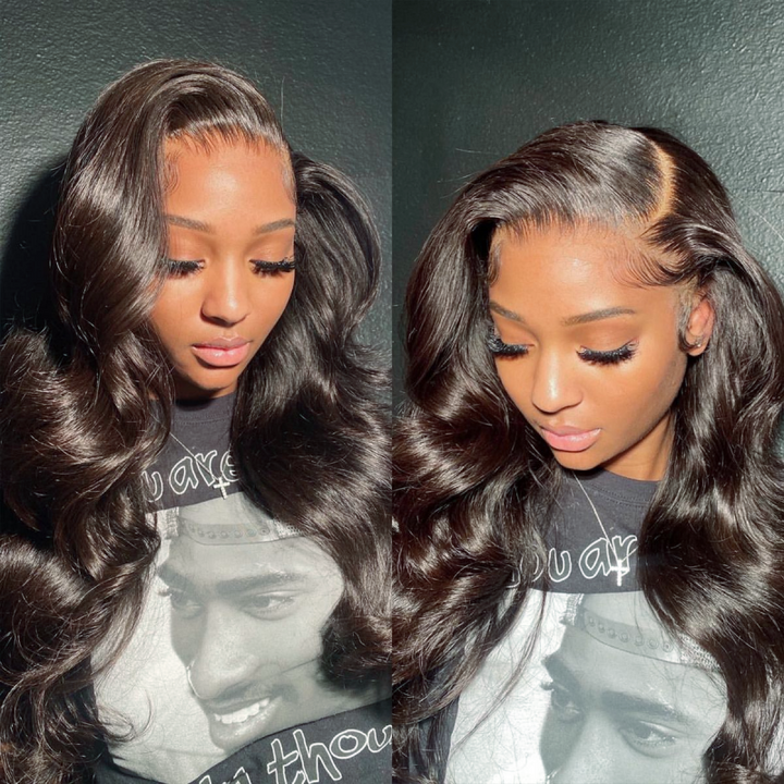 Woman Displaying Natural Black Body Wave 13X6 Lace Wig With Defined Curls