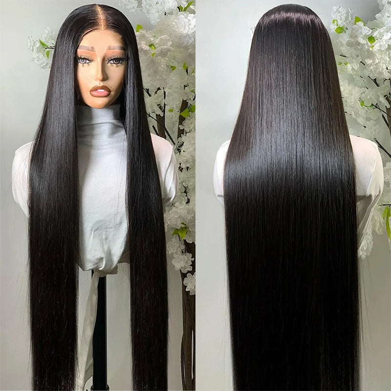 40-Inch Straight Black Lace Front Wig On Mannequin Surrounded By Flowers