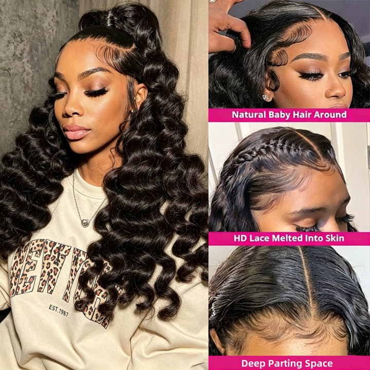 Woman With Human Hair Wig And Close-Up Details Of A Wig With Natural Baby Hair And HD Lace.