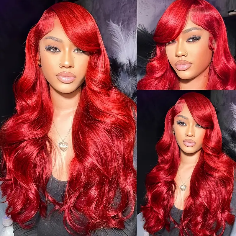 Model With Shiny Red Body Wave Lace Front Wig Styled in Soft, Flowing Curls