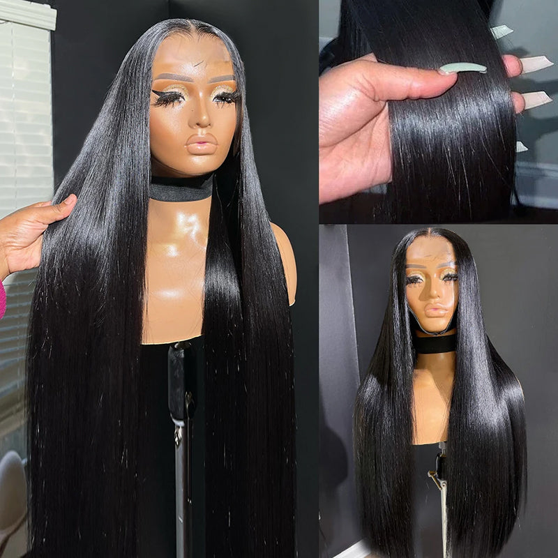 Model With Long Straight Human Hair Wig 