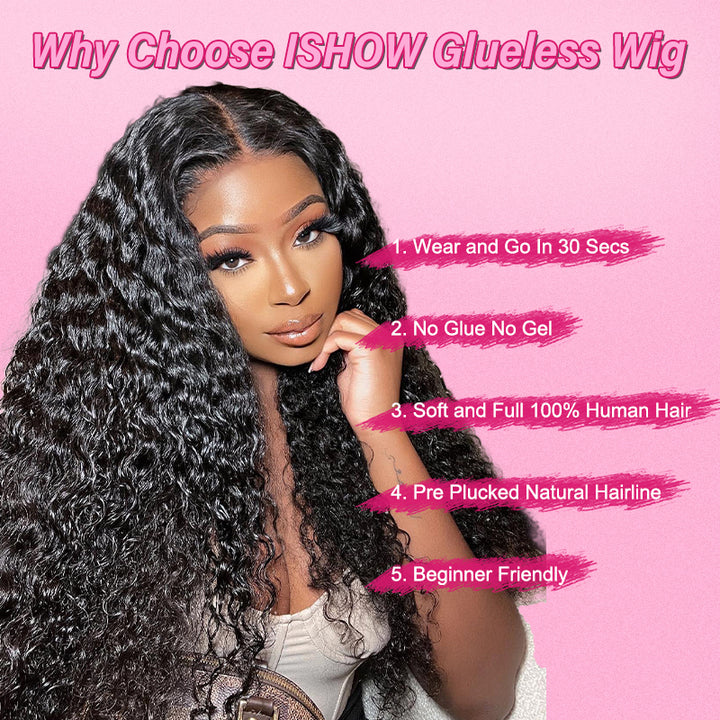 Ishow Pre Cut Lace Glueless Lace Wigs Deep Wave Human Hair Wig 4x4 Lace Closure Wigs Ready To Wear HD Transparent Lace Wig