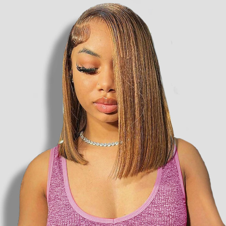 Straight Bob Wig With P4/27 Highlights On Model, Showcasing a Sleek, Glossy Style