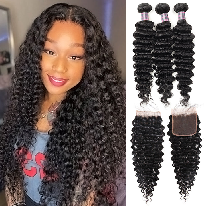 Deep Wave 3 Bundles with 4x4 Lace Closure Virgin Malaysian Human Hair - IshowHair
