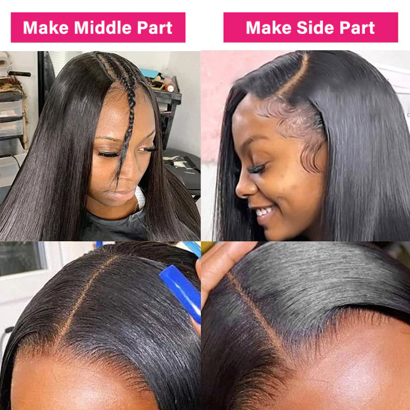 Model Demonstrating Middle and Side Part Styles for Straight Human Hair Wigs