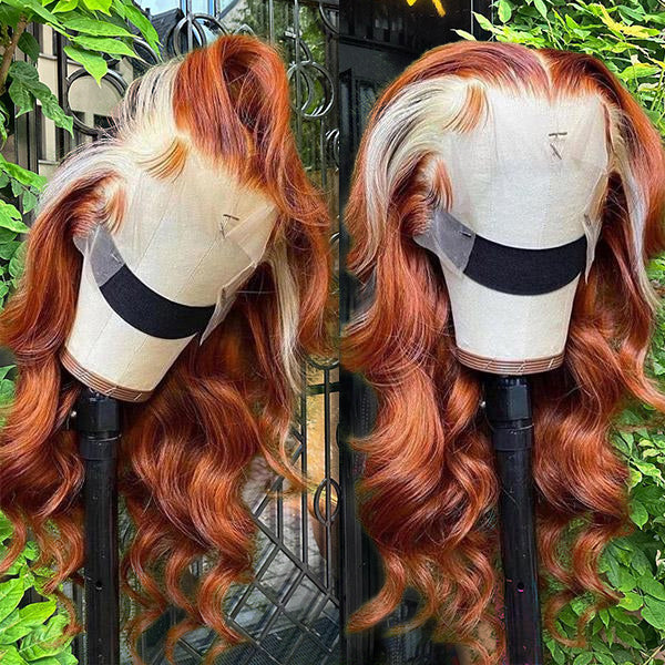 Ginger Blonde Body Wave Human Hair Wig On a Styling Head Outdoors