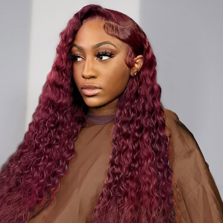 Model With 99J Red Deep Wave Human Hair Bundle, Showcasing Vibrant Burgundy Style